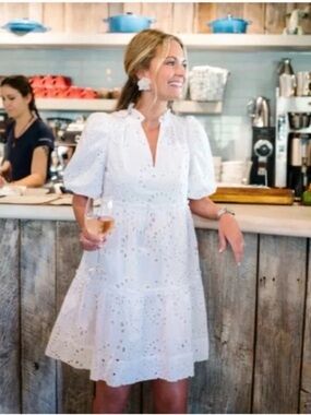 White Eyelet Puff Sleeve Midi Dress - Women's